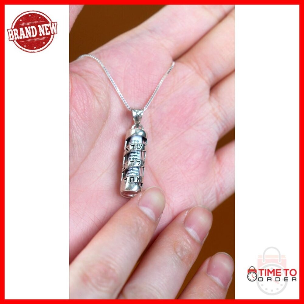Sterling Silver Mezuzah Necklace with Shema Scroll Pendant 18 Inch Chain - Picture 6 of 6